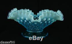 Fenton Hobnail Blue Opalescent Double Crimped Footed Bowl 1960-65 MINT