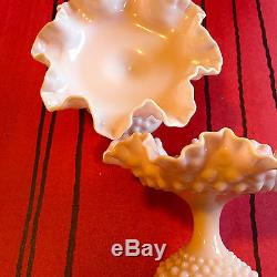 Fenton Hobnail Compote Candy Dish Pink Milk Glass with Ruffle Edge Footed
