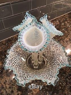 Fenton Hobnail Diamond Lace Blue Opalescent 3 Horn Epergne 12high 12 w 10%oOFF