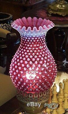 Fenton Hobnail Glass Lamp Cranberry Opalescent Chimney & Font Brass Base 16.5