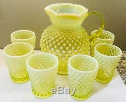 Fenton Hobnail Water Pitcher and 6 glasses Topaz Opalescent 9 tall 72 Oz