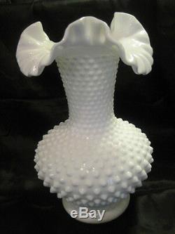 Fenton Huge Hobnail Milkglass Crimped Rim Vase, 10.25