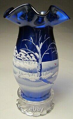 Fenton Hurricane Lamp Hand Painted Canaan Valley on Cobalt Blue, Christmas 2005
