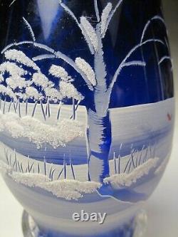 Fenton Hurricane Lamp Hand Painted Canaan Valley on Cobalt Blue, Christmas 2005