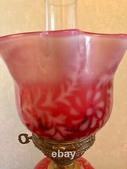 Fenton Hurricane Parlor Lamp, fern and daisy, ruby red glass, 20.5h, 2005