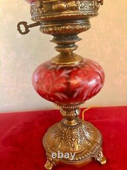 Fenton Hurricane Parlor Lamp, fern and daisy, ruby red glass, 20.5h, 2005