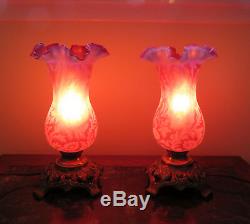 Fenton LG Wright DAISY AND FERN CRANBERRY SATIN OPALESCENT HURRICANE LAMPS (2)