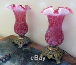 Fenton LG Wright DAISY AND FERN CRANBERRY SATIN OPALESCENT HURRICANE LAMPS (2)