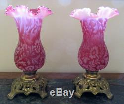 Fenton LG Wright DAISY AND FERN CRANBERRY SATIN OPALESCENT HURRICANE LAMPS (2)