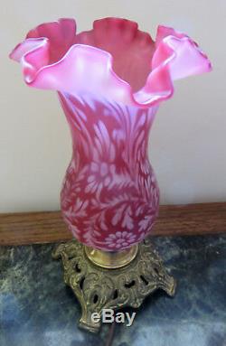 Fenton LG Wright DAISY AND FERN CRANBERRY SATIN OPALESCENT HURRICANE LAMPS (2)