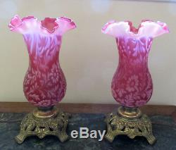 Fenton LG Wright DAISY AND FERN CRANBERRY SATIN OPALESCENT HURRICANE LAMPS (2)