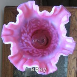 Fenton LG Wright DAISY AND FERN CRANBERRY SATIN OPALESCENT HURRICANE LAMPS (2)