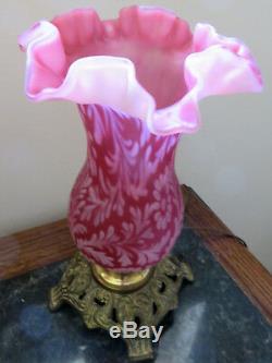 Fenton LG Wright DAISY AND FERN CRANBERRY SATIN OPALESCENT HURRICANE LAMPS (2)