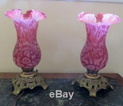 Fenton LG Wright DAISY AND FERN CRANBERRY SATIN OPALESCENT HURRICANE LAMPS (2)