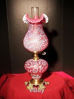 Fenton L. G. Wright Dora Lee Lamp in Cranberry Satin Glass with Fern Decoration