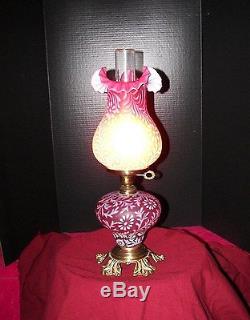 Fenton L. G. Wright Dora Lee Lamp in Cranberry Satin Glass with Fern Decoration