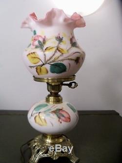 Fenton L. G. Wright Peach Blow Glass Hand Painted MOSS ROSE Electric Lamp 3795
