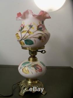 Fenton L. G. Wright Peach Blow Glass Hand Painted MOSS ROSE Electric Lamp 3795