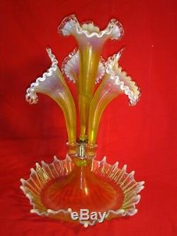 Fenton L. G. Wright Vaseline Glass, 4 Lily Epergne, 16 1/2 Tall