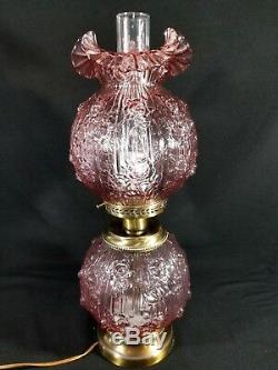 Fenton Lamp Lavander Gone With The Wind Cabbage Rose Embossed Glass 23