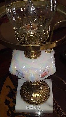Fenton Lamp Victorian Student Iridescent Opalescent Heart & Roses Brass & Marble