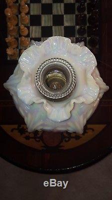 Fenton Lamp Victorian Student Iridescent Opalescent Heart & Roses Brass & Marble
