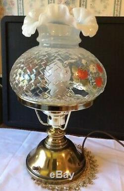 Fenton Lamp White Opalescent with Hand painted Strawberries, Artist signed