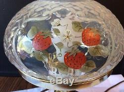 Fenton Lamp White Opalescent with Hand painted Strawberries, Artist signed