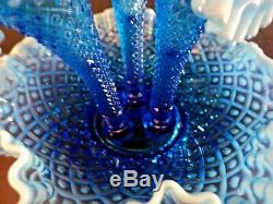 Fenton Large Diamond Lace Blue Opalescent Hobnail Glass Epergne Excellent