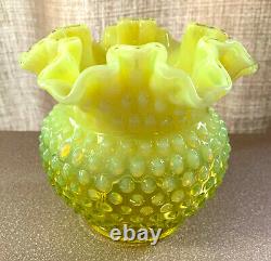 Fenton Large Yellow Vaseline Topaz Opalescent Hobnail 5 1/2 Crimped Rose Bowl