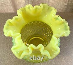 Fenton Large Yellow Vaseline Topaz Opalescent Hobnail 5 1/2 Crimped Rose Bowl