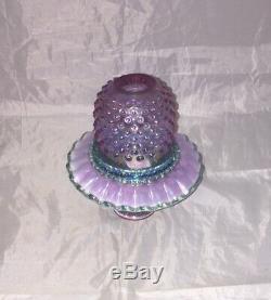 Fenton Lavender Pink Green Carnival Glass Hobnail 3 Piece Fairy Lamp