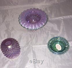 Fenton Lavender Pink Green Carnival Glass Hobnail 3 Piece Fairy Lamp