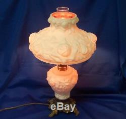 Fenton Lg Wright Glass American Beauty Lamp- White Wild Rose Overlay Pink 1950