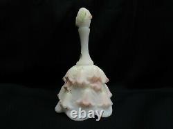 Fenton Lily Temple Bell White Satin Glass Pink Flowers Green Leaves Signed