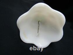 Fenton Lily Temple Bell White Satin Glass Pink Flowers Green Leaves Signed