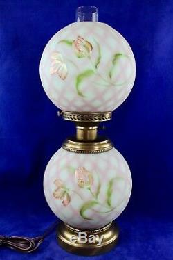 Fenton Lotus Mist Burmese Diamond Optic Trellis Flowers GWTW Lamp J. K. Spindler