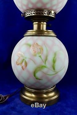 Fenton Lotus Mist Burmese Diamond Optic Trellis Flowers GWTW Lamp J. K. Spindler