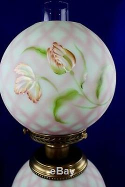 Fenton Lotus Mist Burmese Diamond Optic Trellis Flowers GWTW Lamp J. K. Spindler