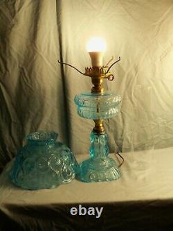 Fenton Made for L. G. Wright Blue Glass Moon & Stars Electric Table Lamp 21 Tall