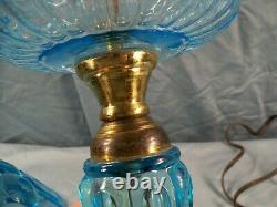 Fenton Made for L. G. Wright Blue Glass Moon & Stars Electric Table Lamp 21 Tall