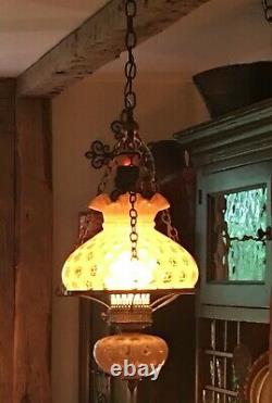 Fenton Mid Century Honeysuckle Opalescent Coin Dot Hanging Swag Lamp