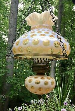 Fenton Mid Century Honeysuckle Opalescent Coin Dot Hanging Swag Lamp