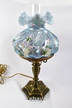 Fenton Misty Blue &Hand Painted Irises Paisley Iridized Student Lamp D. Barbour