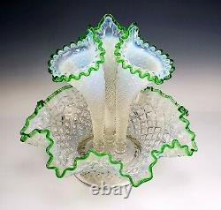 Fenton Opalescent Emerald Green Crest 3 Horn Glass Epergne Pristine Condition