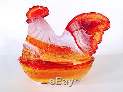 Fenton Orange Red Milk Glass Slag Rooster Covered Dish