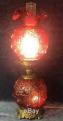 Fenton PINK Cabbage Puffy Rose GWTW Art Glass Vintage Electric Double Table Lamp