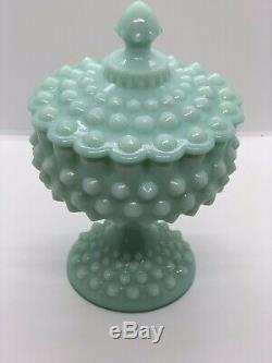 Fenton Pastel Green Milk Glass Hobnail Covered Candy Dish