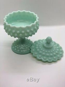 Fenton Pastel Green Milk Glass Hobnail Covered Candy Dish