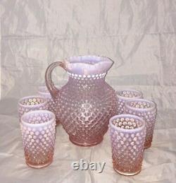 Fenton Pink Opalescent Hobnail Water Set 1988 Limited Edition Pitcher 6 Tumblers